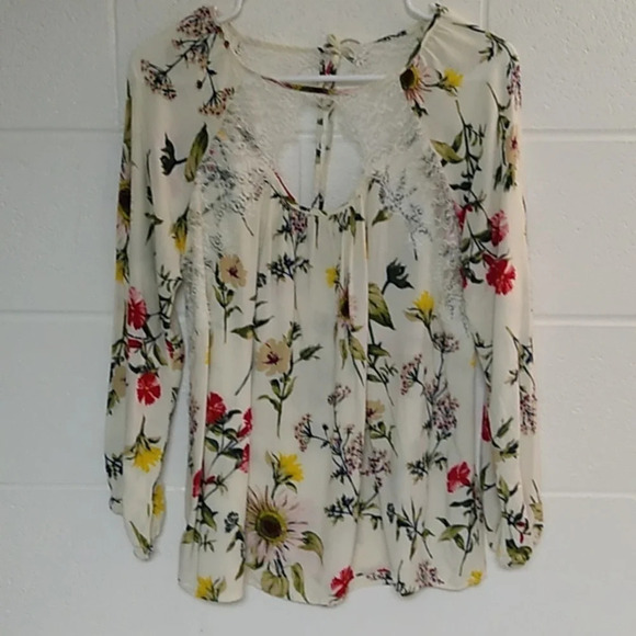 INTRO LIGHTWEIGHT LONGSLEEVE BRIGHT FLORAL LACE COTTAGECORE PEASANT SHIRT - Picture 5 of 7